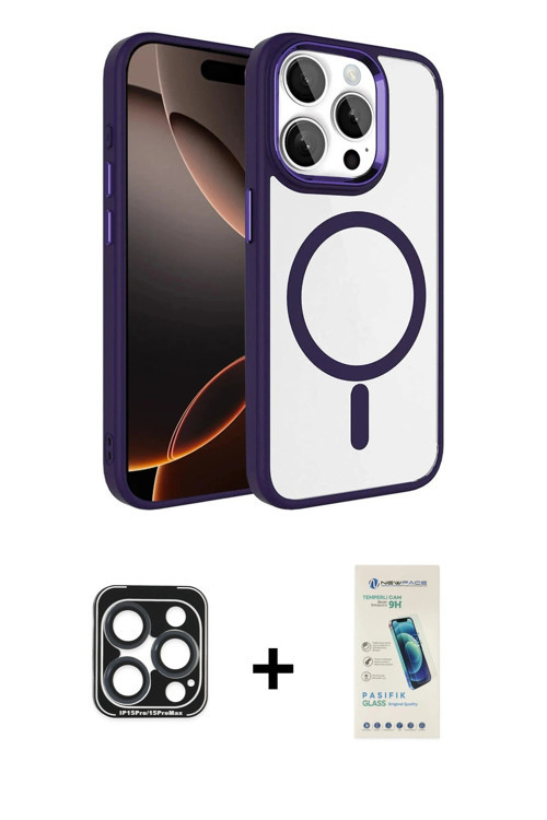 iPhone 15 Pro Max Kılıf Kıvılcım Prime - Şeffaf Pasifik Cam Ekran Koruyucu + Lacivert PVD Metal
