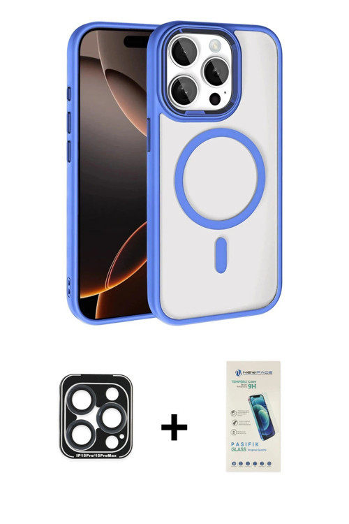 iPhone 15 Pro Max Kılıf Kıvılcım Prime - Şeffaf Pasifik Cam Ekran Koruyucu + Lacivert PVD Metal