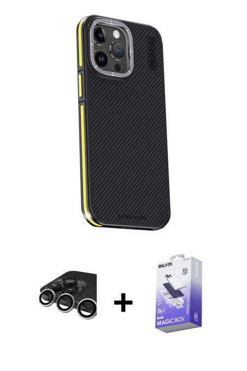 iPhone 15 Pro Max Kılıf Kıvılcım Modern Özel Seri - Siyah Bilvis 5in1 5D Magic Hayalet Cam Ekra