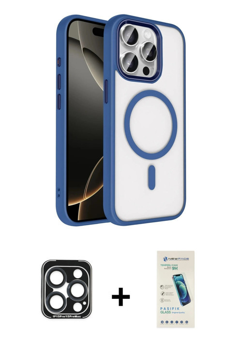 iPhone 15 Pro Max Kılıf Kıvılcım Prime - Şeffaf Pasifik Cam Ekran Koruyucu + Lacivert PVD Metal