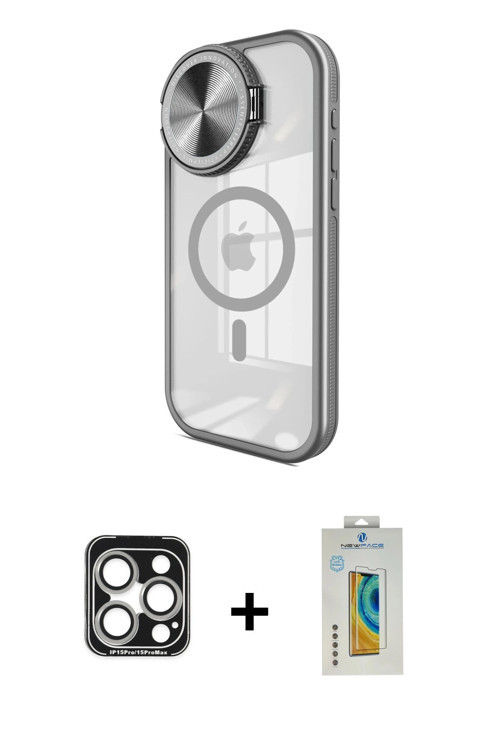 iPhone 15 Pro Max Kılıf Kıvılcım Modern Koleksiyonu - Siyah Polymer Nano Ekran Koruyucu + Gümüş