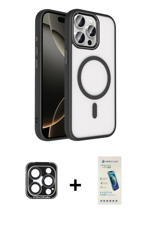 iPhone 15 Pro Max Kılıf Kıvılcım Prime - Şeffaf Pasifik Cam Ekran Koruyucu + Lacivert PVD Metal