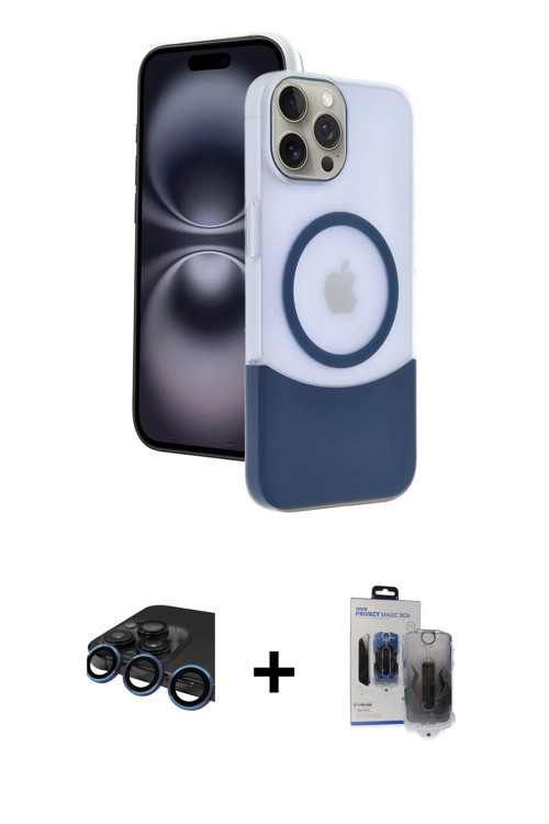 iPhone 15 Pro Max Kılıf Kozmos Form Özel Seri - Siyah Vanessa Magic Hayalet Cam + Lacivert Raze
