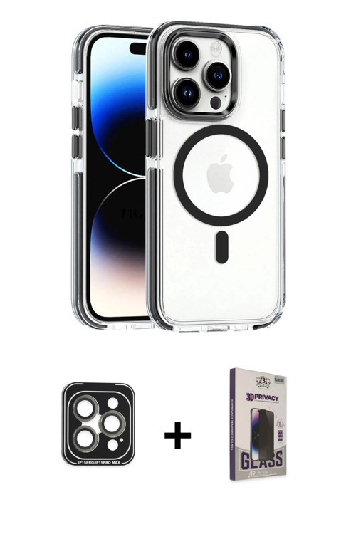 iPhone 15 Pro Max Kılıf Kozmos Doku Koleksiyonu - Siyah Bilvis Hayalet Cam Ekran Koruyucu + Gri