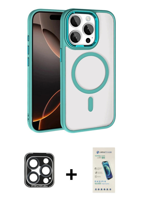 iPhone 15 Pro Max Kılıf Kıvılcım Prime - Şeffaf Pasifik Cam Ekran Koruyucu + Lacivert PVD Metal