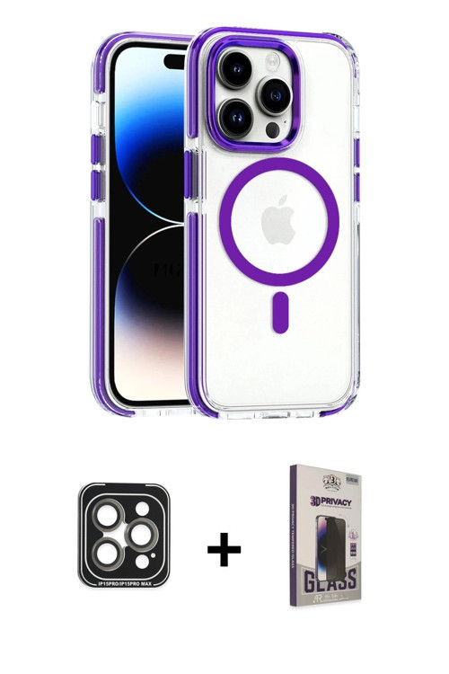 iPhone 15 Pro Max Kılıf Kozmos Doku Koleksiyonu - Siyah Bilvis Hayalet Cam Ekran Koruyucu + Gri