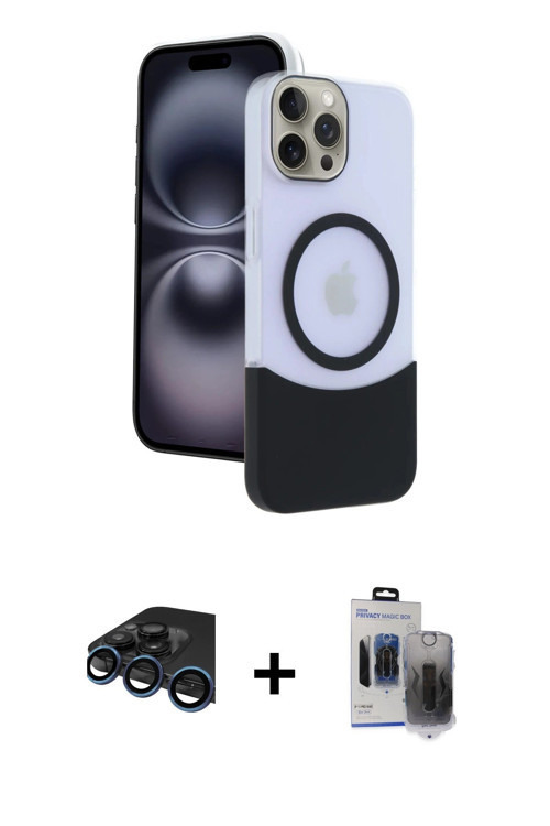 iPhone 15 Pro Max Kılıf Kozmos Form Özel Seri - Siyah Vanessa Magic Hayalet Cam + Lacivert Raze