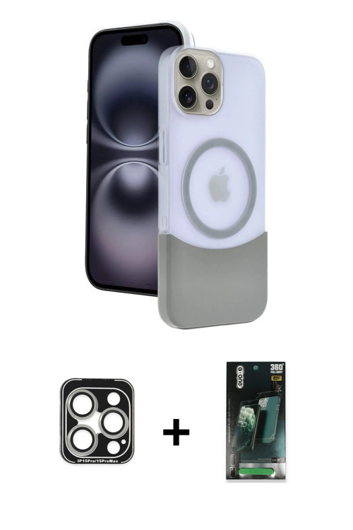 ieg™ iPhone 15 Pro Max Kılıf Kozmos Form Özel Seri - Şeffaf 360 Full Body Arka Koruyucu + Gümüş PVD