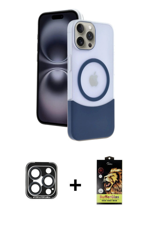 ieg™ iPhone 15 Pro Max Kılıf Kozmos Form Özel Seri - Siyah Buffer Cam Ekran Koruyucu + Lacivert PVD