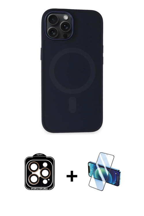 ieg™ iPhone 15 Pro Max Kılıf Kutup Serisi - Siyah 3D Antistatik Cam Ekran Koruyucu + Turuncu PVD Met