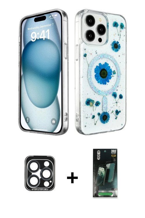 ieg™ iPhone 15 Pro Max Kılıf Kozmos Doku - Şeffaf 360 Full Body Arka Koruyucu + Lacivert PVD Metal K
