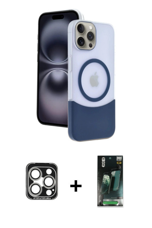 ieg™ iPhone 15 Pro Max Kılıf Kozmos Form Özel Seri - Şeffaf 360 Full Body Arka Koruyucu + Gümüş PVD