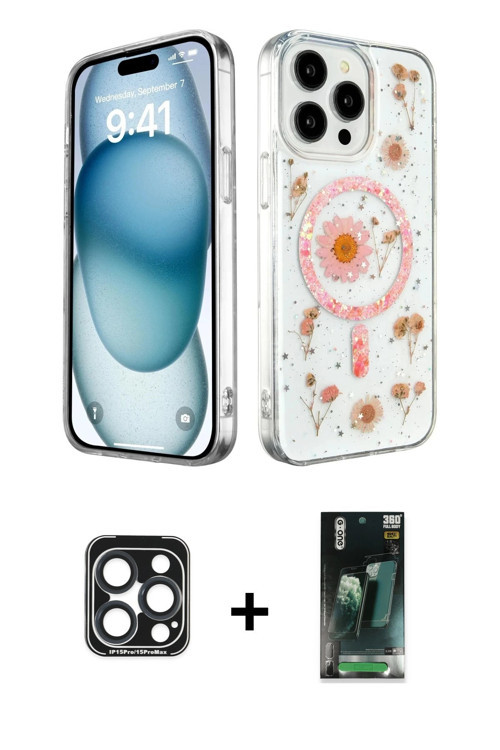 ieg™ iPhone 15 Pro Max Kılıf Kozmos Doku - Şeffaf 360 Full Body Arka Koruyucu + Lacivert PVD Metal K