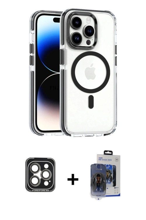 ieg™ iPhone 15 Pro Max Kılıf Kozmos Doku Koleksiyonu - Siyah Vanessa Magic Cam + Gri PVD Metal Kamer