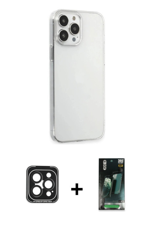 ieg™ iPhone 15 Pro Max Kılıf Kutup Doku Koleksiyonu - Şeffaf 360 Full Body Arka Koruyucu + Siyah PVD