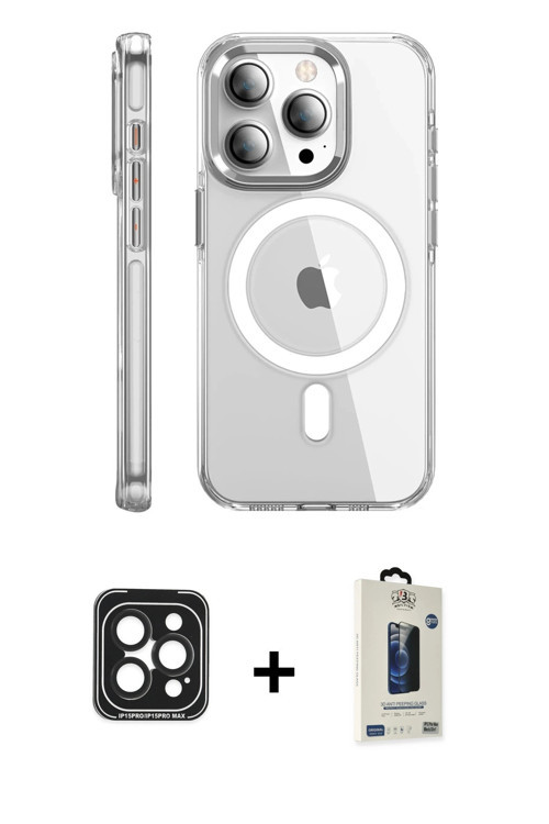 ieg™ iPhone 15 Pro Max Kılıf Nova Doku - Siyah Bilvis Hayalet Cam Ekran Koruyucu + Siyah PVD Metal K