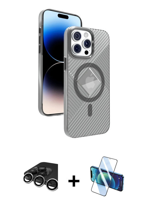 ieg™ iPhone 15 Pro Max Kılıf Nova Modern Prime - Siyah 3D Antistatik Cam Ekran Koruyucu + Gümüş Raze