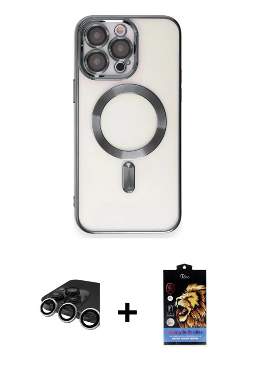 ieg™ iPhone 15 Pro Max Kılıf Nova Işık Özel Seri - Siyah Buffer Hayalet Cam Ekran Koruyucu + Gümüş R
