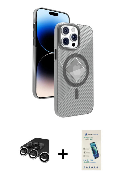 ieg™ iPhone 15 Pro Max Kılıf Nova Modern Prime - Şeffaf Pasifik Cam Ekran Koruyucu + Gümüş Raze Meta
