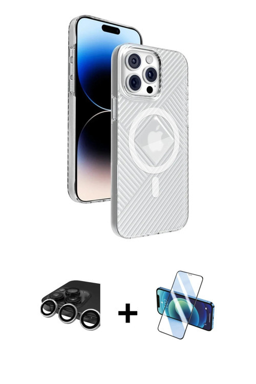 ieg™ iPhone 15 Pro Max Kılıf Nova Modern Prime - Siyah 3D Antistatik Cam Ekran Koruyucu + Gümüş Raze