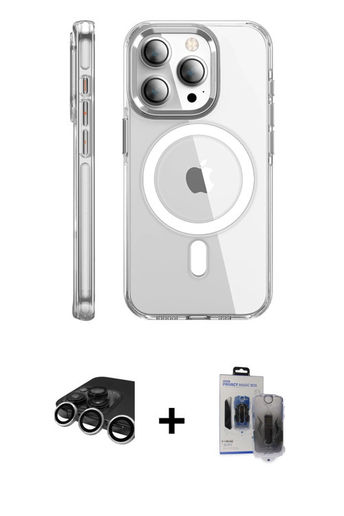 ieg™ iPhone 15 Pro Max Kılıf Nova Doku - Siyah Vanessa Magic Hayalet Cam + Gümüş Raze Metal Kamera L