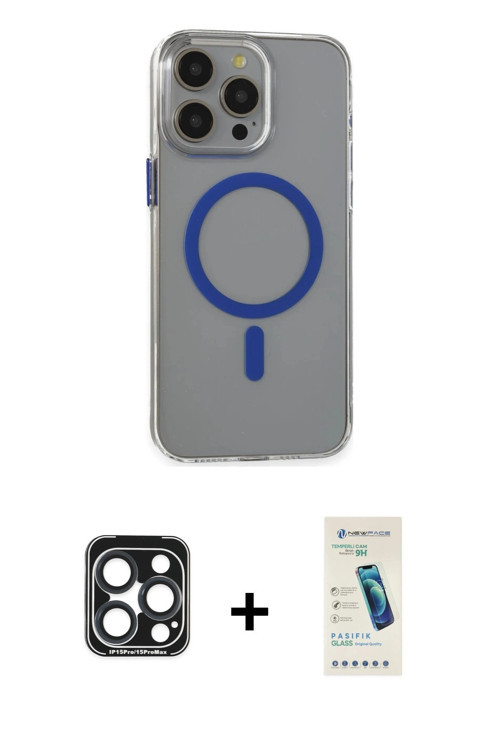 ieg™ iPhone 15 Pro Max Kılıf Odak Form Özel Seri - Şeffaf Pasifik Cam Ekran Koruyucu + Lacivert PVD