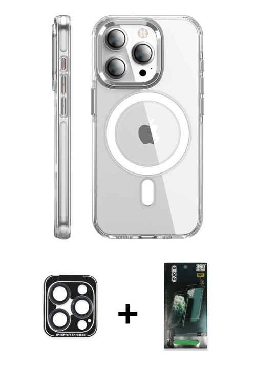 ieg™ iPhone 15 Pro Max Kılıf Nova Doku - Şeffaf 360 Full Body Arka Koruyucu + Lacivert PVD Metal Kam