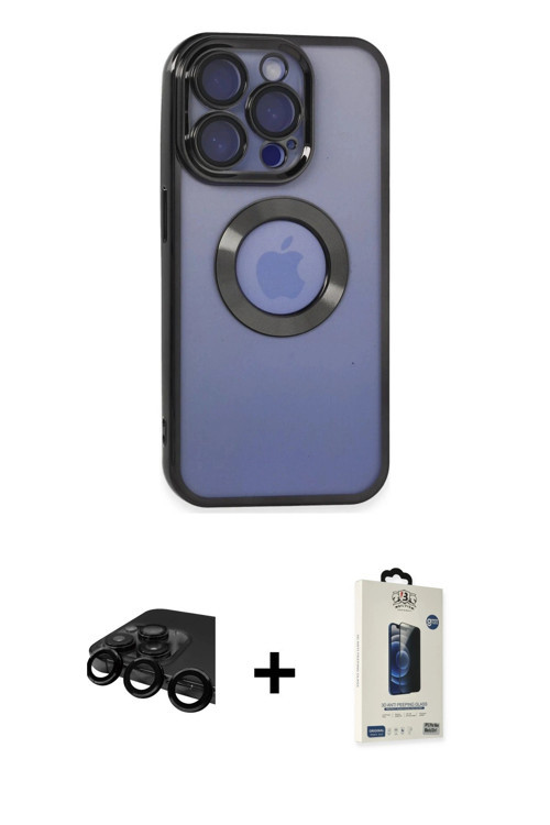 ieg™ iPhone 15 Pro Max Kılıf Pusula Form - Siyah Bilvis Hayalet Cam Ekran Koruyucu + Siyah Raze Meta