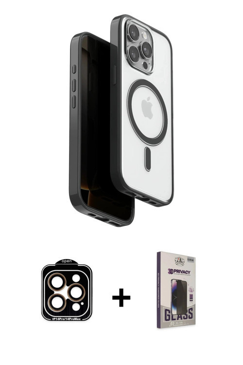 ieg™ iPhone 15 Pro Max Kılıf Pusula Form Serisi - Siyah Bilvis Hayalet Cam Ekran Koruyucu + Turuncu