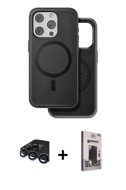 ieg™ iPhone 15 Pro Max Kılıf Pusula Işık Koleksiyonu - Siyah Bilvis Hayalet Cam Ekran Koruyucu + Lac