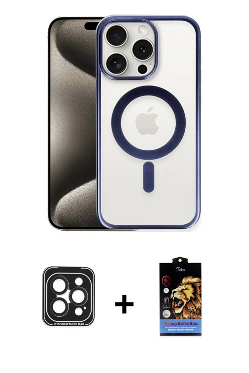 ieg™ iPhone 15 Pro Max Kılıf Siluet Çizgi Serisi - Siyah Buffer Hayalet Cam Ekran Koruyucu + Siyah P