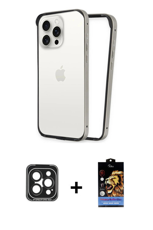 ieg™ iPhone 15 Pro Max Kılıf Pusula Asil Koleksiyonu - Siyah Buffer Hayalet Cam Ekran Koruyucu + Siy