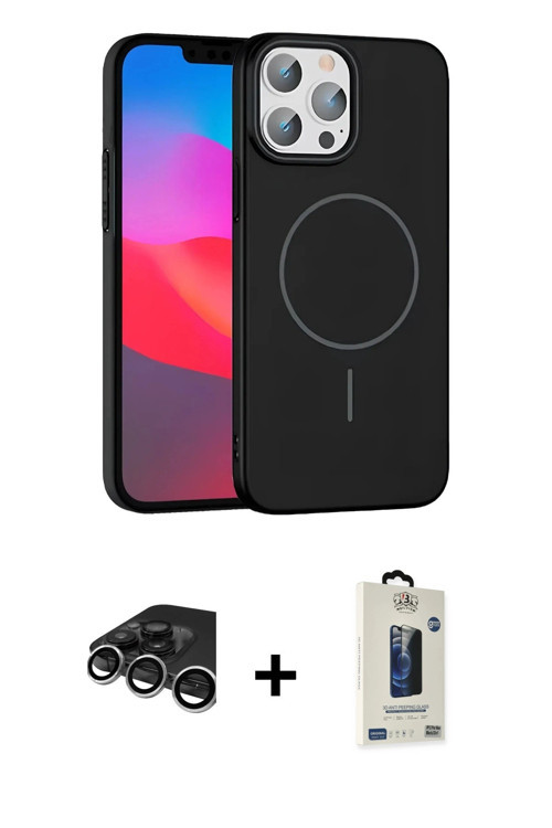 ieg™ iPhone 15 Pro Max Kılıf Siluet Doku Özel Seri - Siyah Bilvis Hayalet Cam Ekran Koruyucu + Gümüş