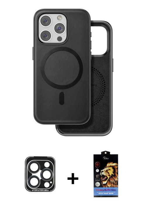 ieg™ iPhone 15 Pro Max Kılıf Pusula Işık Koleksiyonu - Siyah Buffer Hayalet Cam Ekran Koruyucu + Lac