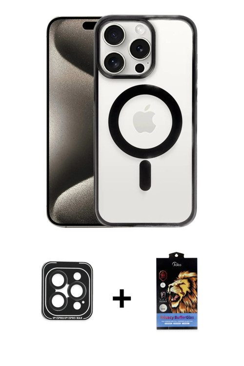 ieg™ iPhone 15 Pro Max Kılıf Siluet Çizgi Serisi - Siyah Buffer Hayalet Cam Ekran Koruyucu + Siyah P