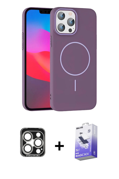 iPhone 15 Pro Max Kılıf Siluet Doku Özel Seri - Siyah Bilvis 5in1 5D Magic Hayalet Cam Ekran Ko