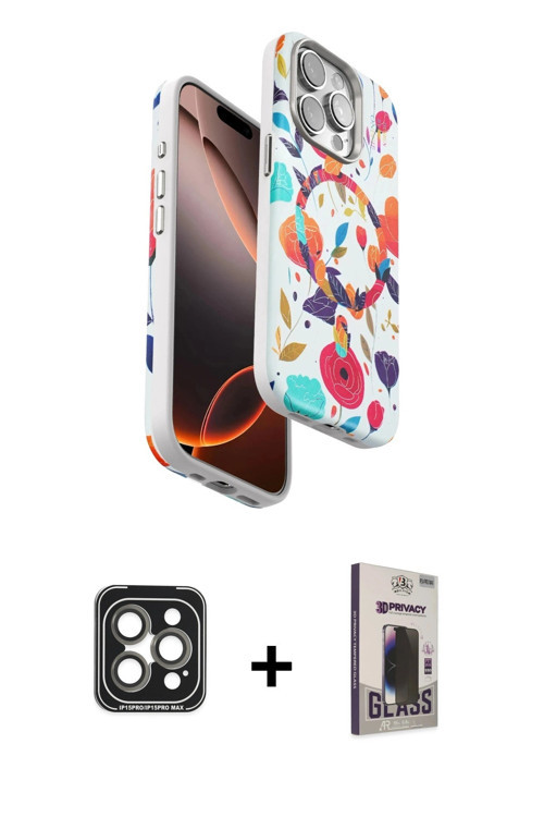 ieg™ iPhone 15 Pro Max Kılıf Siluet Doku - Siyah Bilvis Hayalet Cam Ekran Koruyucu + Gri PVD Metal K