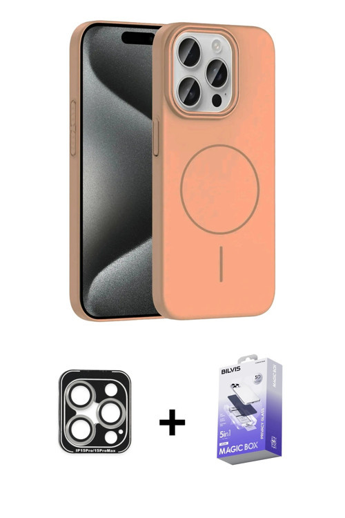 iPhone 15 Pro Max Kılıf Siluet Doku Özel Seri - Siyah Bilvis 5in1 5D Magic Hayalet Cam Ekran Ko