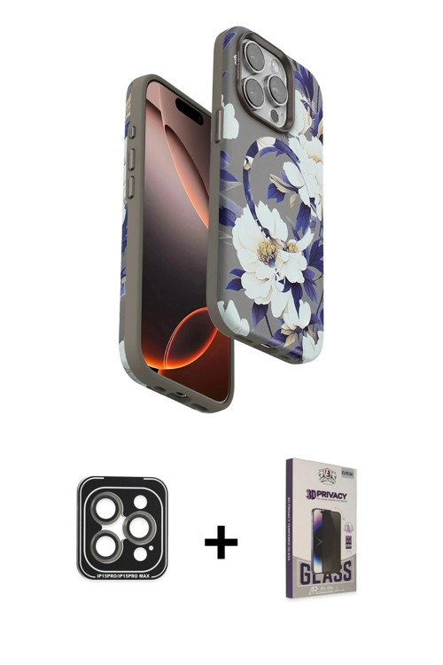 ieg™ iPhone 15 Pro Max Kılıf Siluet Doku - Siyah Bilvis Hayalet Cam Ekran Koruyucu + Gri PVD Metal K