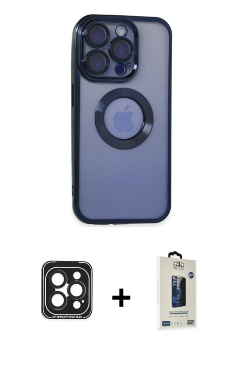 ieg™ iPhone 15 Pro Max Kılıf Pusula Form - Siyah Bilvis Hayalet Cam Ekran Koruyucu + Siyah PVD Metal