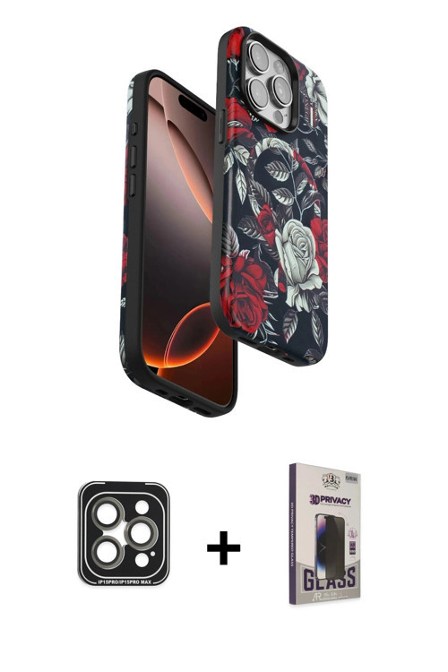 ieg™ iPhone 15 Pro Max Kılıf Siluet Doku - Siyah Bilvis Hayalet Cam Ekran Koruyucu + Gri PVD Metal K