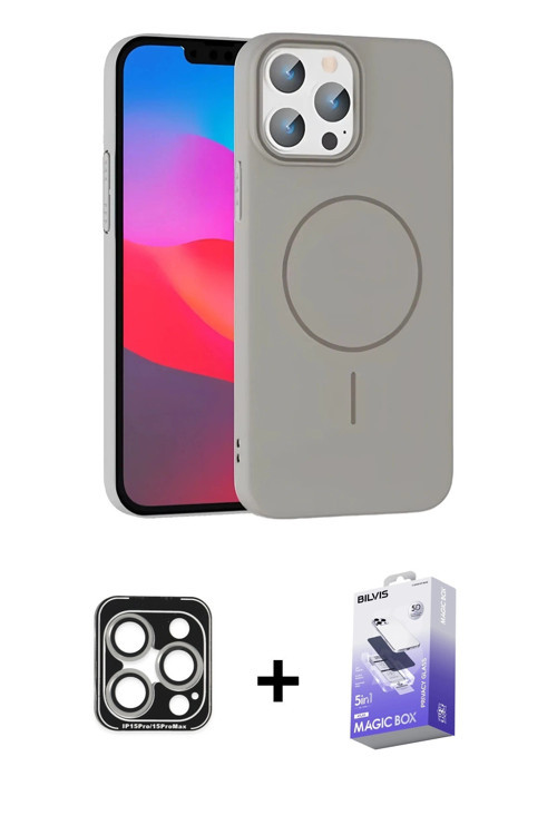 iPhone 15 Pro Max Kılıf Siluet Doku Özel Seri - Siyah Bilvis 5in1 5D Magic Hayalet Cam Ekran Ko