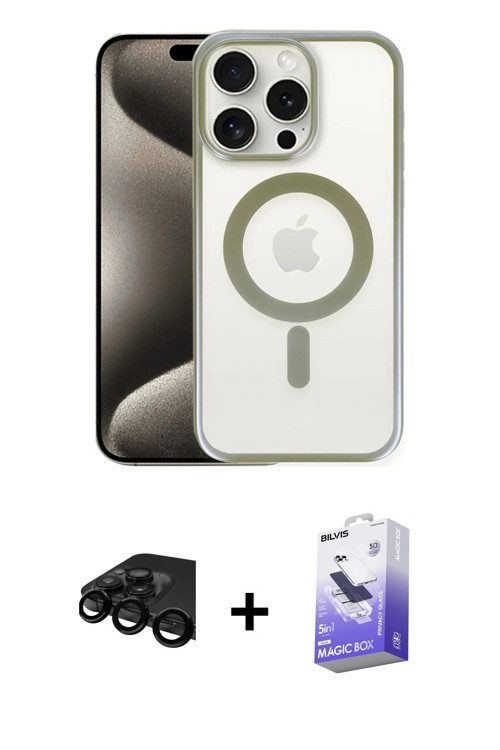 ieg™ iPhone 15 Pro Max Kılıf Siluet Çizgi Serisi - Siyah Bilvis 5in1 5D Magic Hayalet Cam Ekran Koru