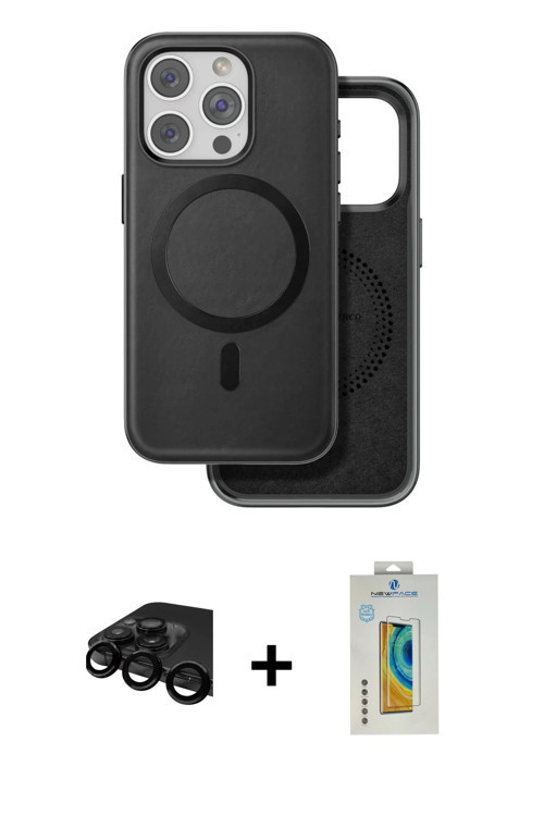 ieg™ iPhone 15 Pro Max Kılıf Pusula Işık Koleksiyonu - Siyah Polymer Nano Ekran Koruyucu + Siyah Raz