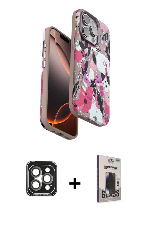 ieg™ iPhone 15 Pro Max Kılıf Siluet Doku - Siyah Bilvis Hayalet Cam Ekran Koruyucu + Gri PVD Metal K