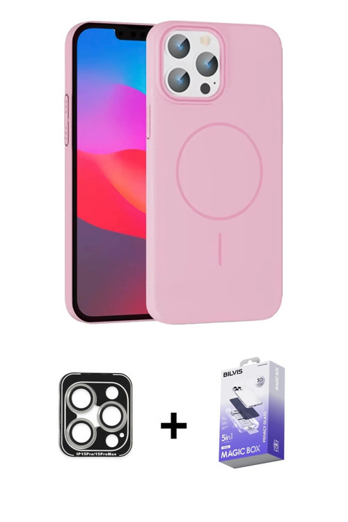 iPhone 15 Pro Max Kılıf Siluet Doku Özel Seri - Siyah Bilvis 5in1 5D Magic Hayalet Cam Ekran Ko