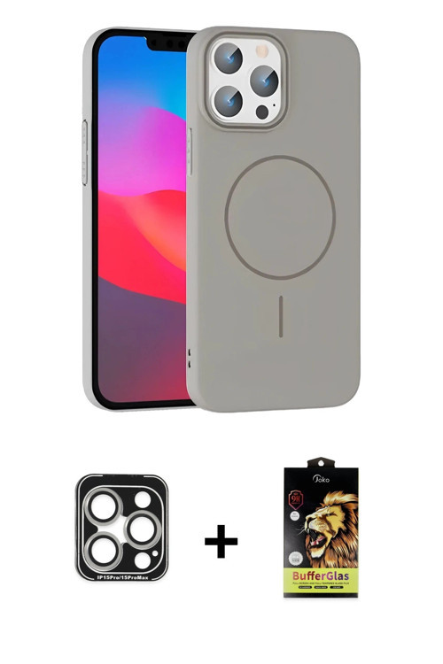 ieg™ iPhone 15 Pro Max Kılıf Siluet Doku Özel Seri - Siyah Buffer Cam Ekran Koruyucu + Gümüş PVD Met