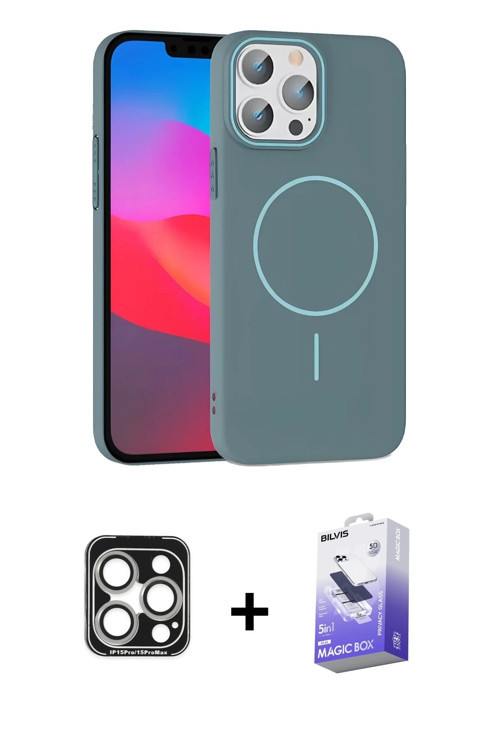 iPhone 15 Pro Max Kılıf Siluet Doku Özel Seri - Siyah Bilvis 5in1 5D Magic Hayalet Cam Ekran Ko