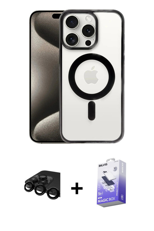 ieg™ iPhone 15 Pro Max Kılıf Siluet Çizgi Serisi - Siyah Bilvis 5in1 5D Magic Hayalet Cam Ekran Koru