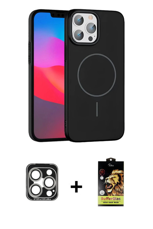 ieg™ iPhone 15 Pro Max Kılıf Siluet Doku Özel Seri - Siyah Buffer Cam Ekran Koruyucu + Gümüş PVD Met